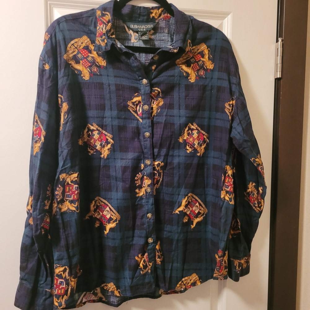 Vintage Bushwacker Women's Blue Green Plaid Gold Crest Button Down Shirt Size L - Picture 2 of 6